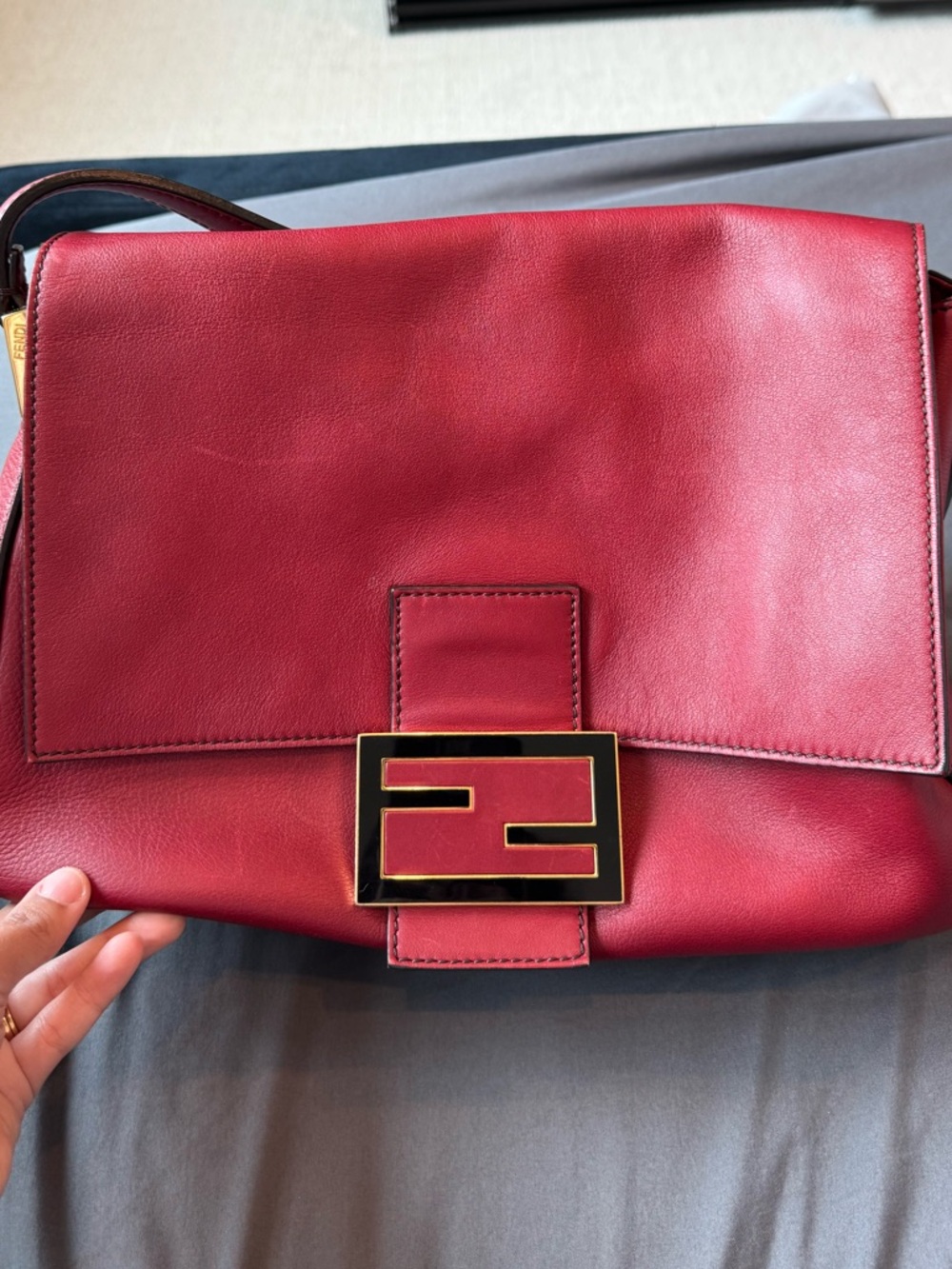 Fendi Burgundy Leather Shoulder Bag with Gold Logo Buckle